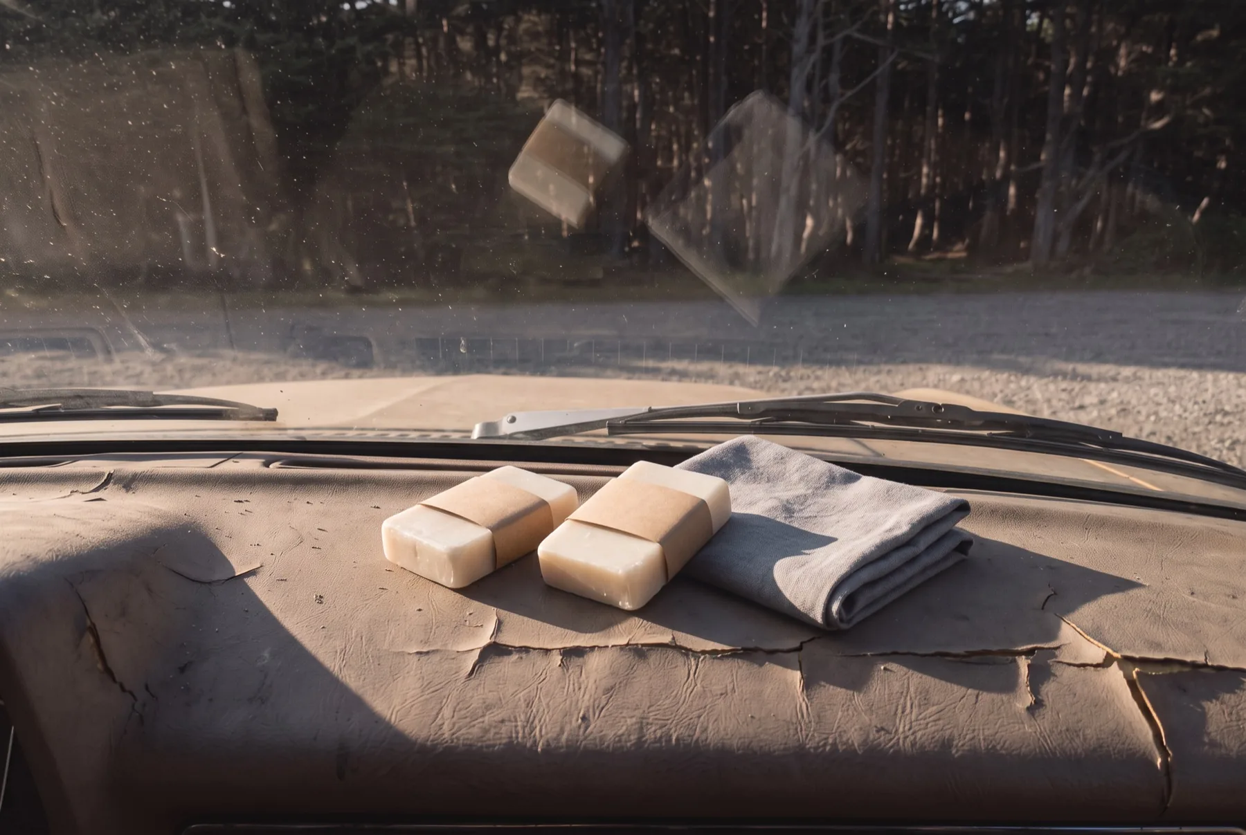 Two bars of wax and a cloth on a dusty dashboard