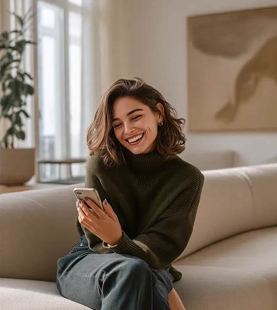 Smiling woman with shoulder-length brown hair sitting on a beige sofa while looking at her smartphone.