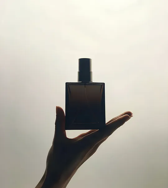 Silhouette of a hand holding a square perfume bottle against a bright background.