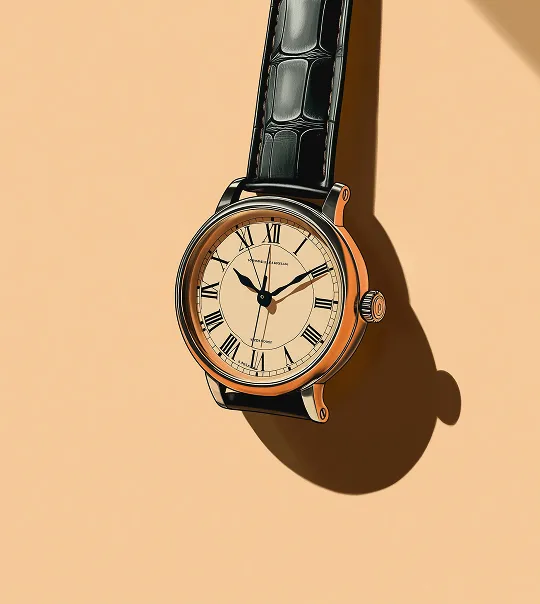 Classic wristwatch with Roman numerals and black leather strap casting a shadow on beige background.