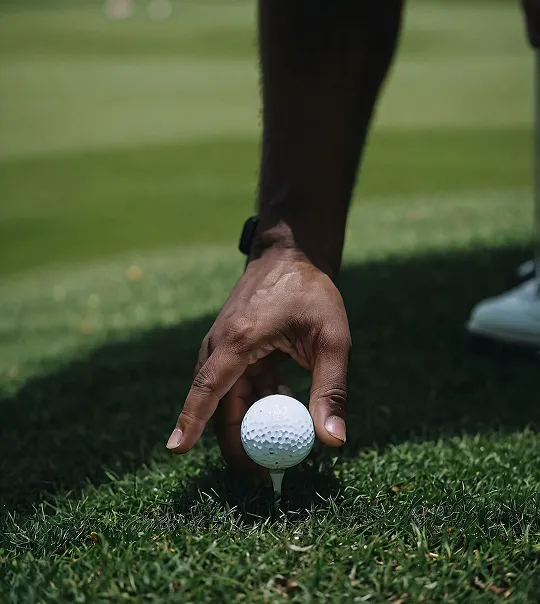 Hand placing a white golf ball on a tee over green grass on a golf course.