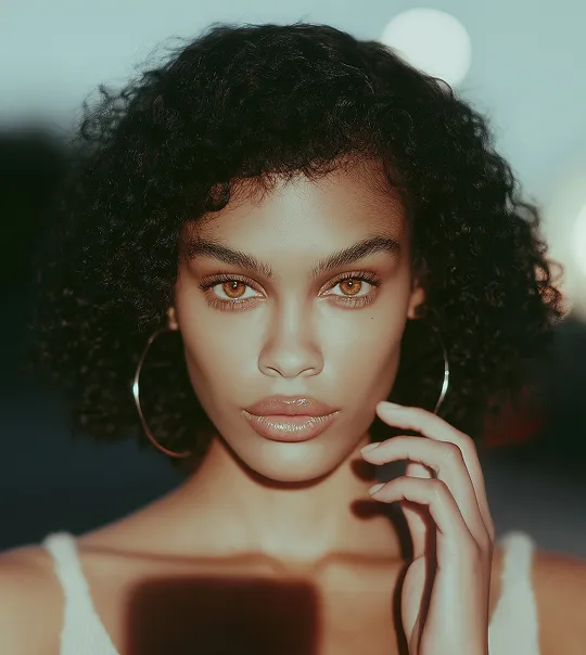 Portrait of a young woman with curly hair, large hoop earrings, and golden brown eyes looking directly at the camera with her hand near her face.