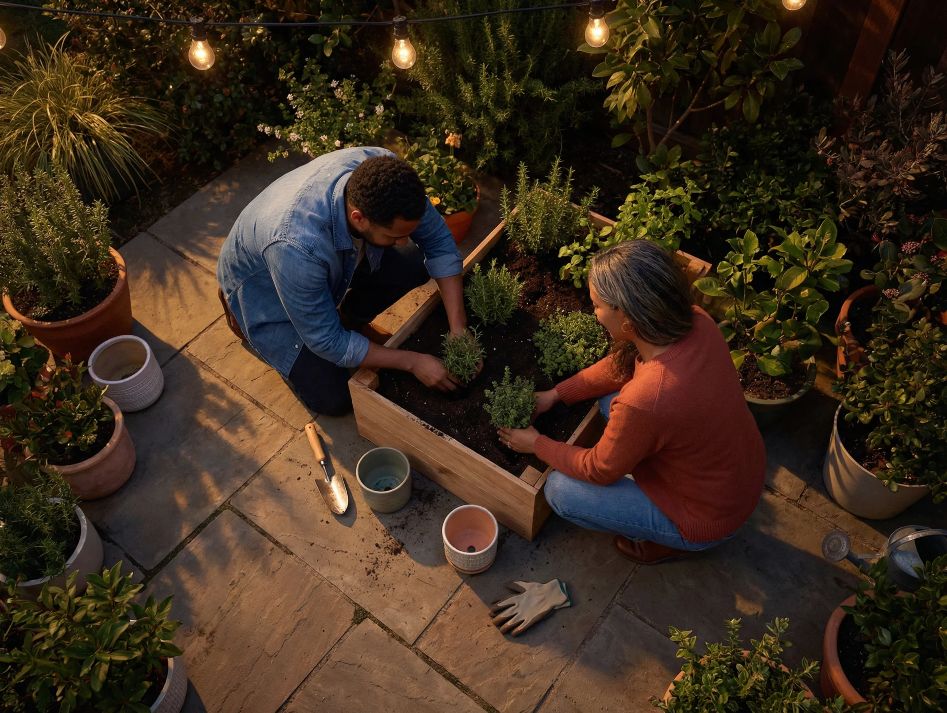 Two people planting herbs together in a sunlit patio garden