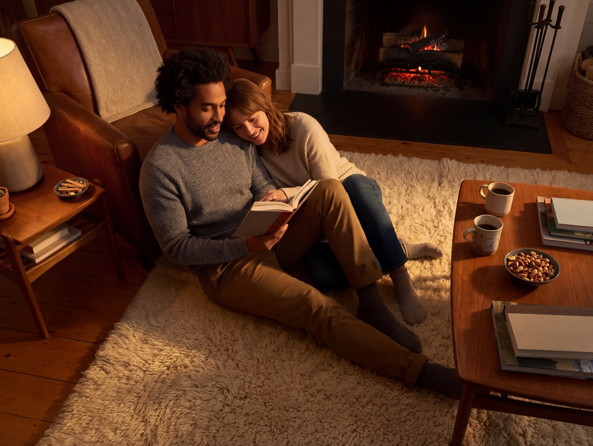 A couple reading quietly by a fireplace in a warm living room