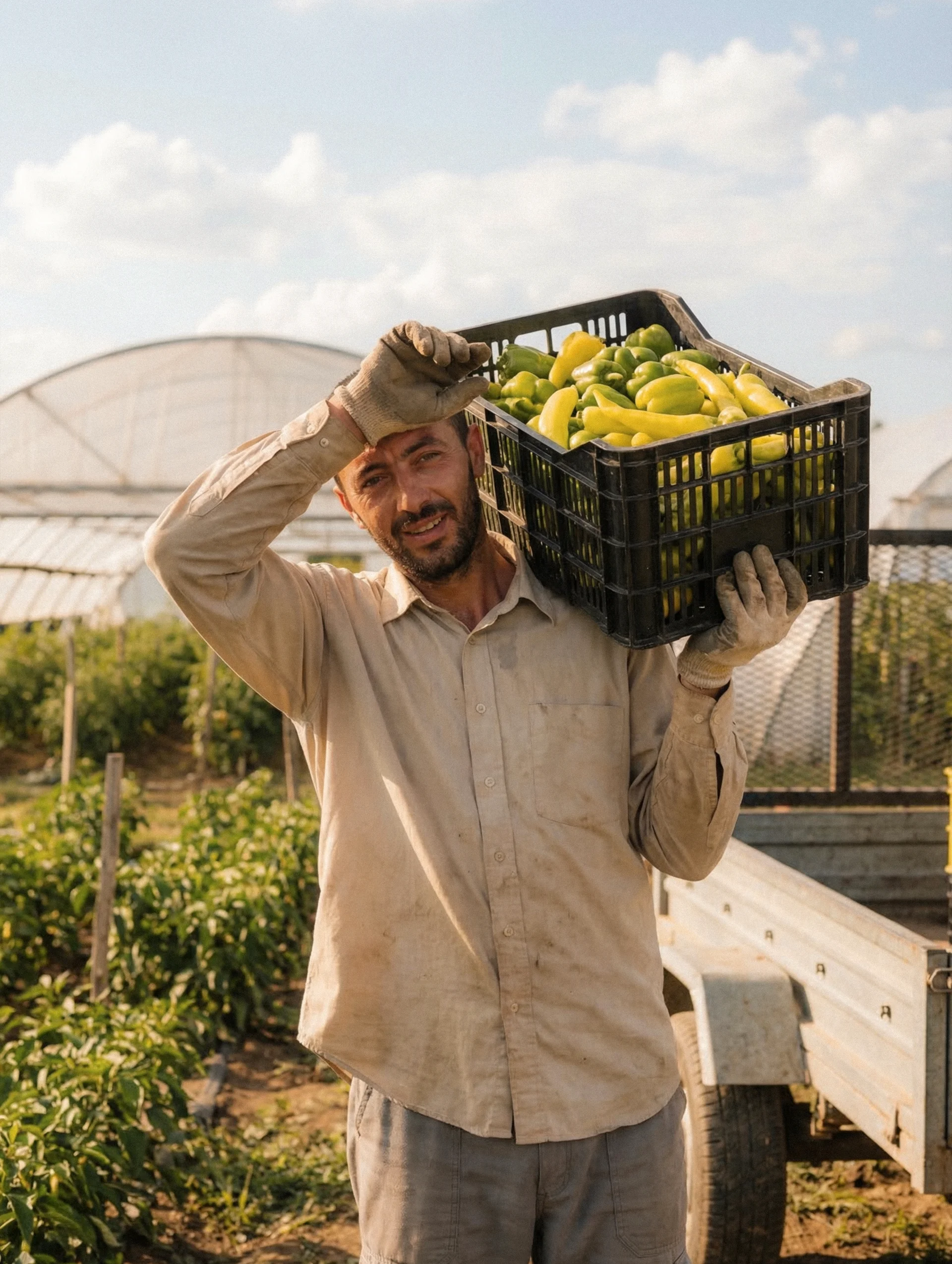 A grower carrying a crate of freshly picked peppers through a greenhouse