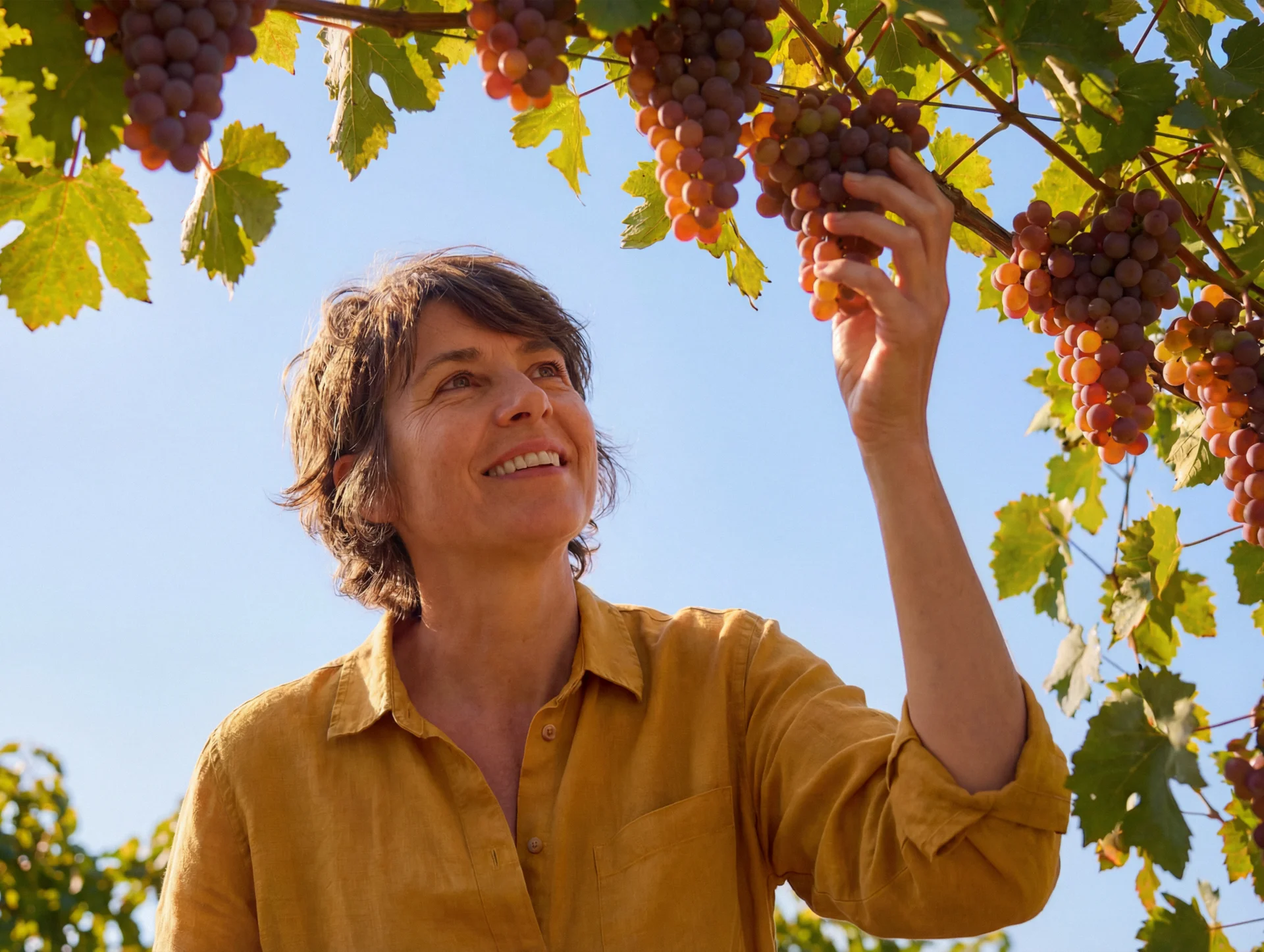 A woman harvesting grapes