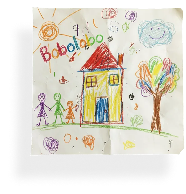 Kinderzeichnung mit Haus, Menschen, Baum und Sonne