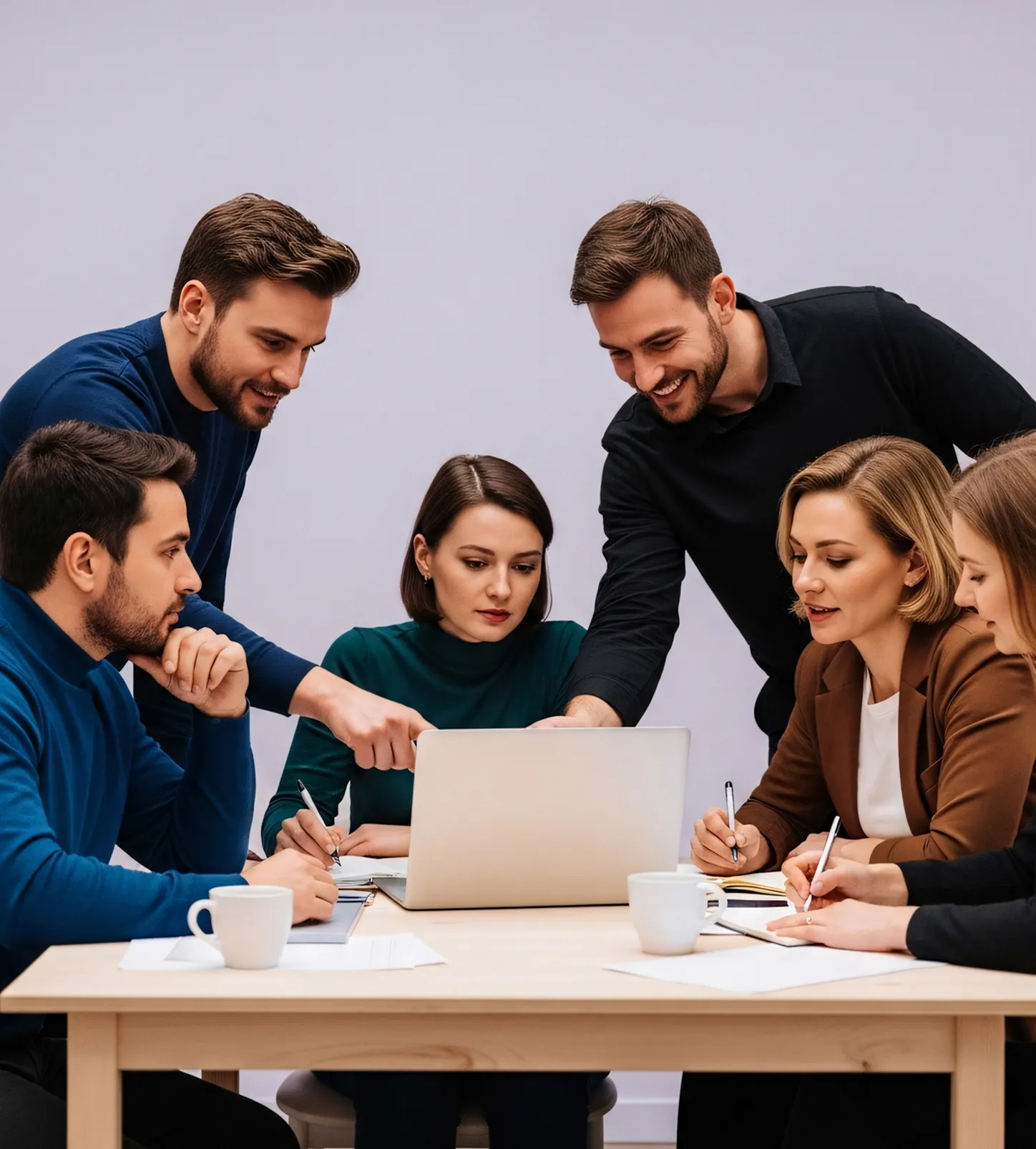 Six young professionals gathered around a laptop at a table, collaborating and taking notes.