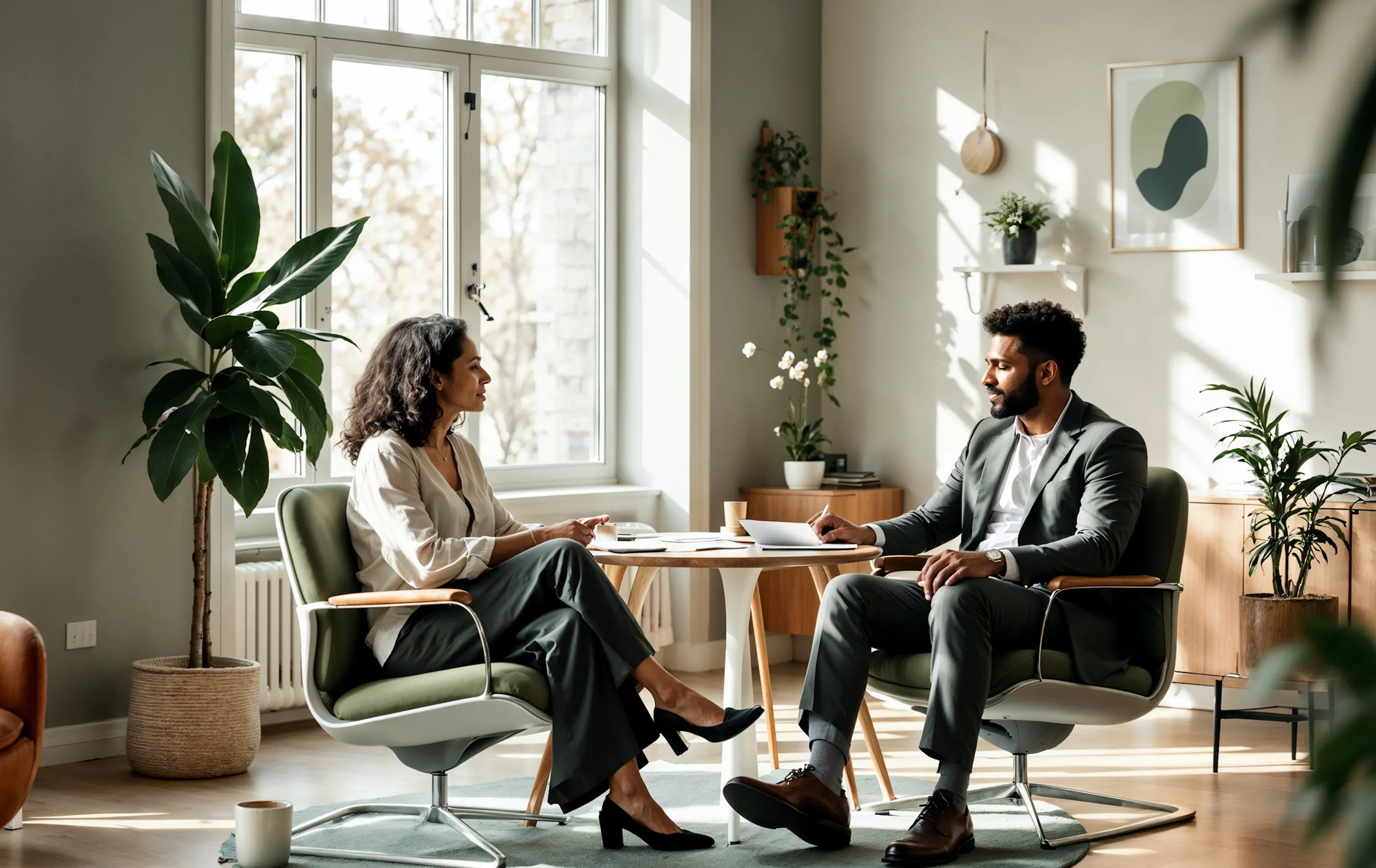 A man and a woman sitting in armchairs across a round table in a sunlit modern office with plants, engaged in conversation.