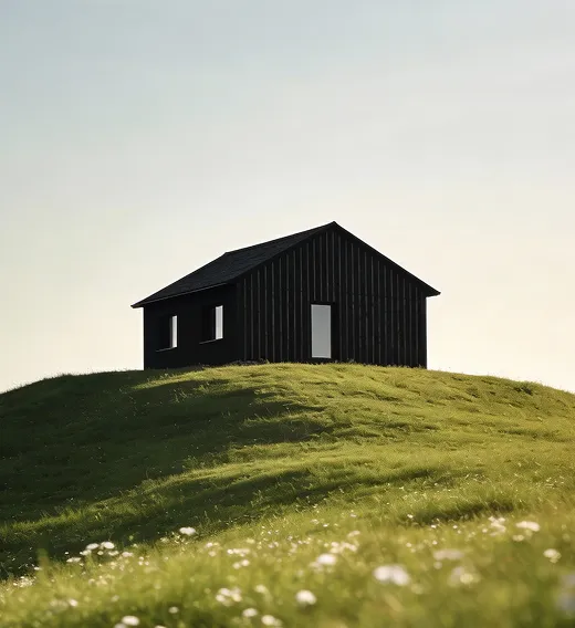 Black wooden house on top of a grassy hill under a pale sky.