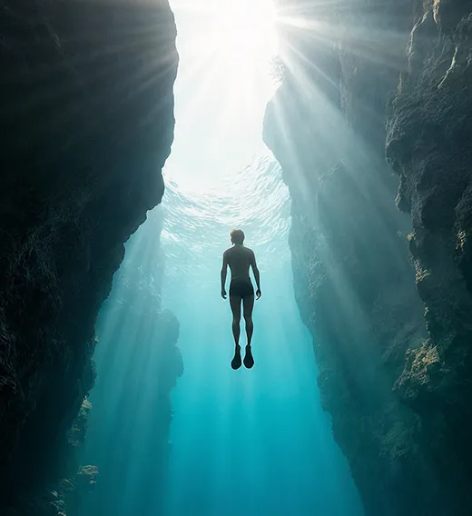 Person swimming underwater between tall rocky cliffs with sunlight streaming down from above.