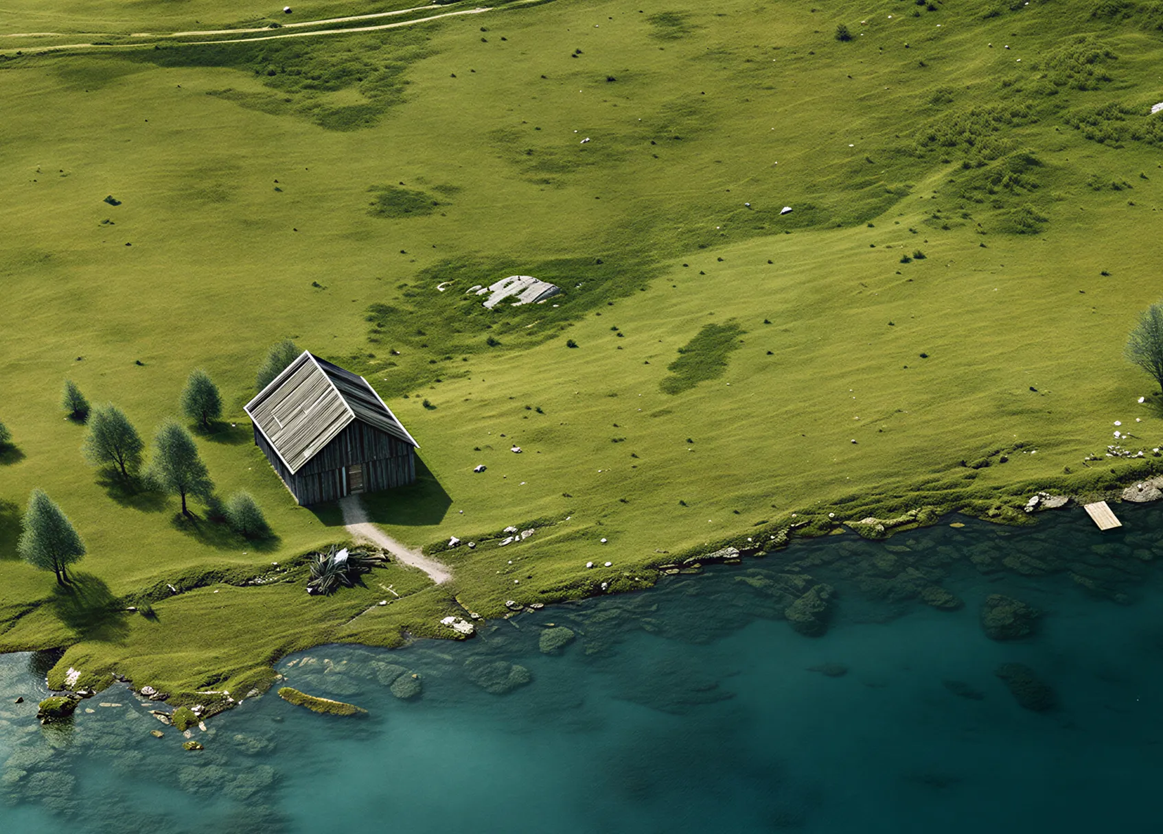 Aerial view of a small wooden cabin beside clear blue water with green grass and scattered trees nearby.