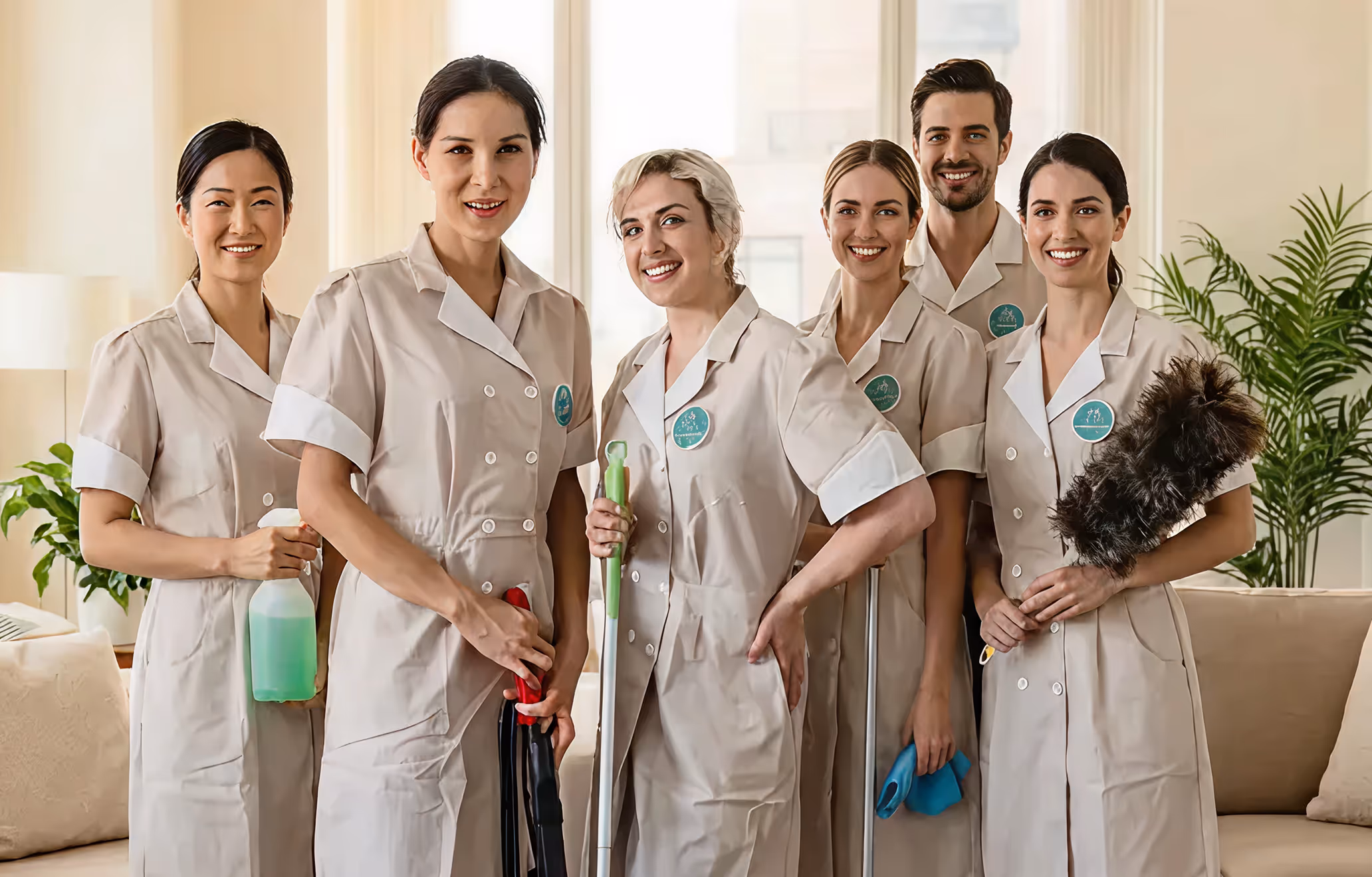 Group of six smiling cleaning staff in beige uniforms holding cleaning supplies in a bright living room.
