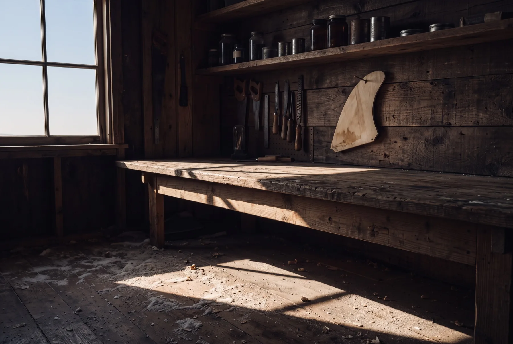 Shop bench in low sun, tools on the wall, a fin blank waiting