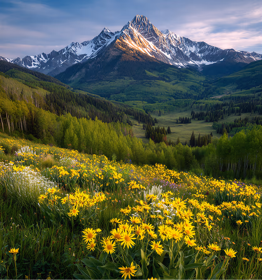 Yellow wildflowers blooming in a meadow with green forested hills and snow-capped mountains under a partly cloudy sky.