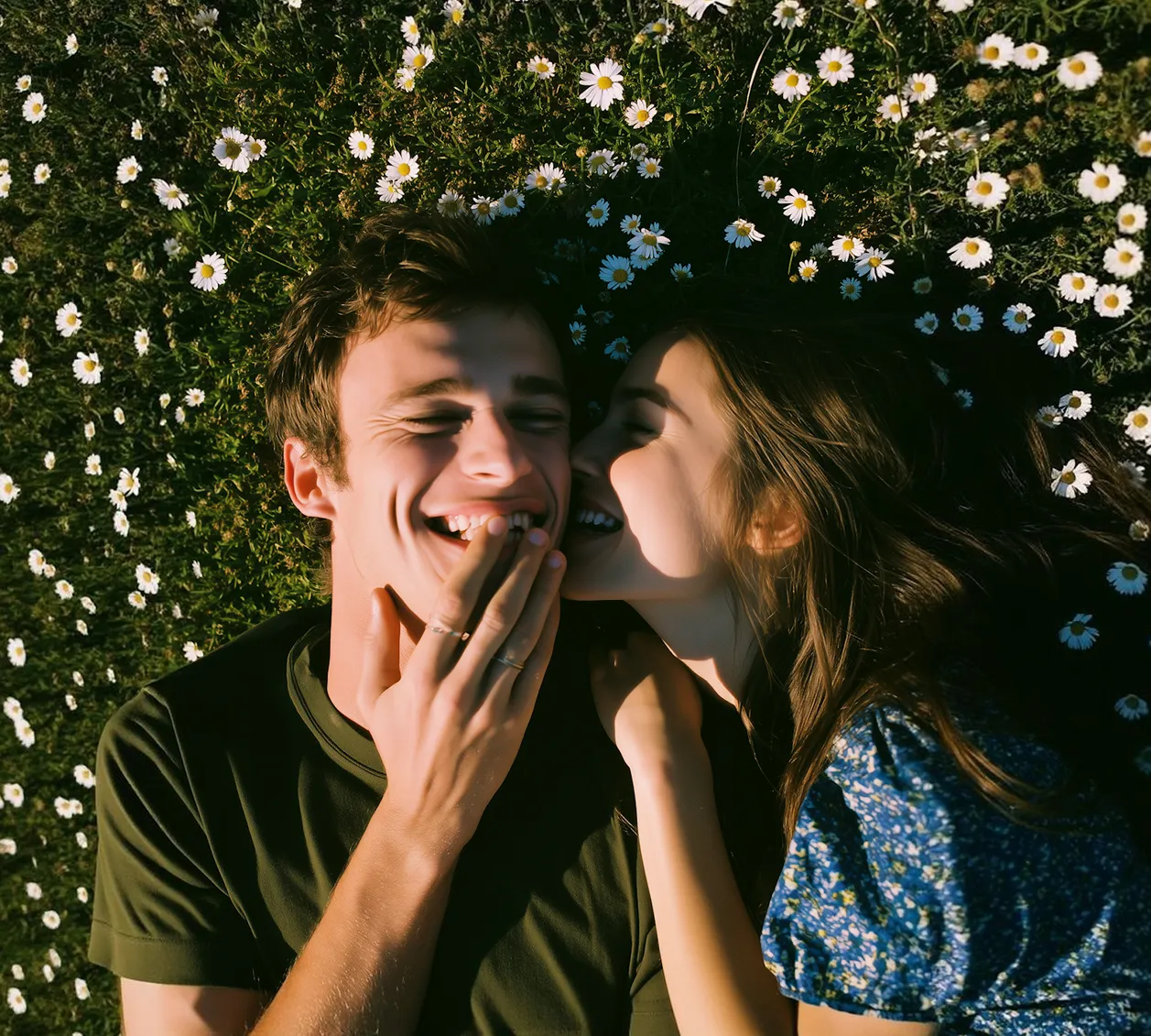 Young couple lying on grass with white daisies, woman whispering and man laughing with hand on mouth.