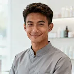 Smiling young man with short dark hair wearing a gray collared shirt in a bright, blurred indoor setting.
