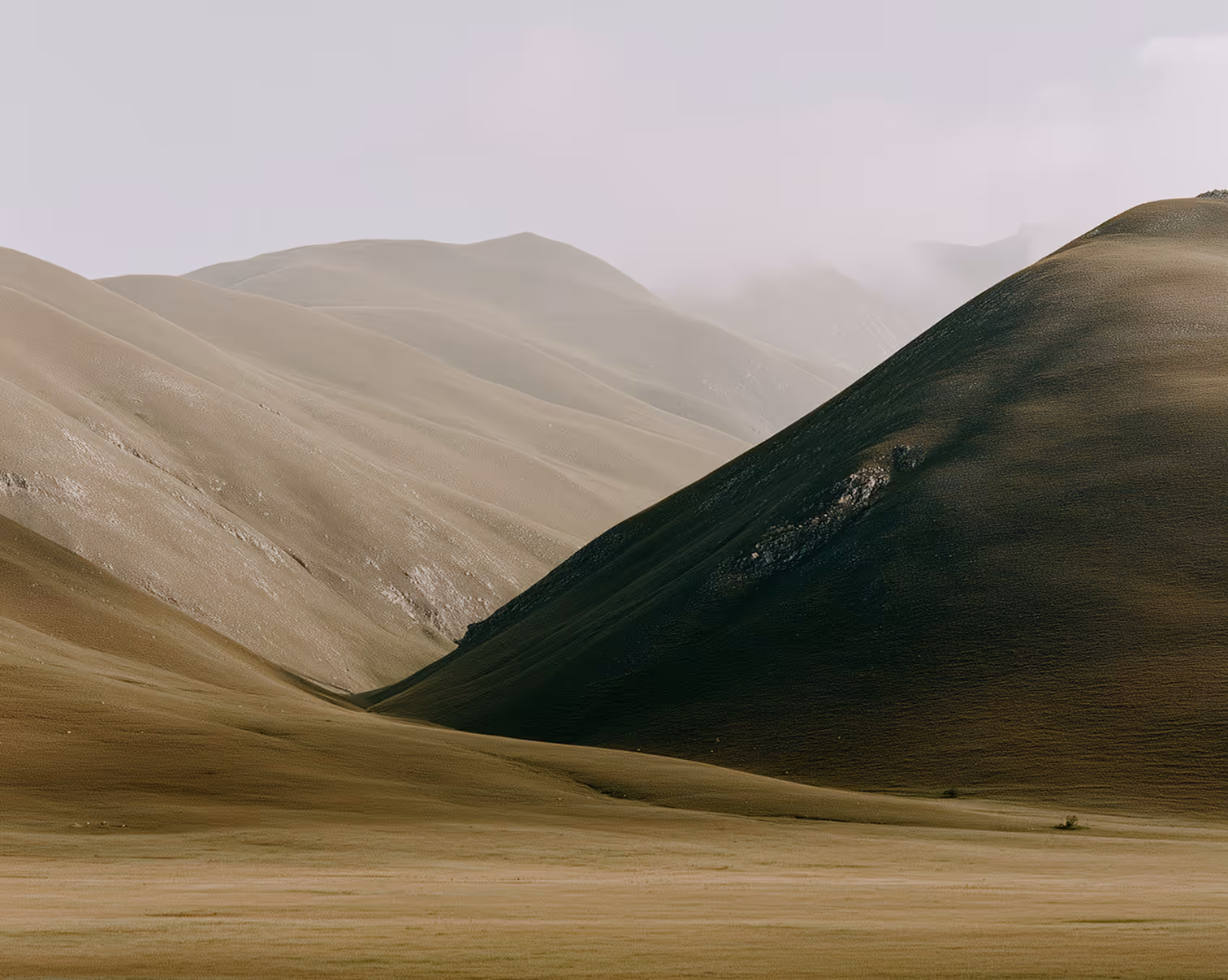 Rolling hills with muted green and brown tones under a cloudy sky.
