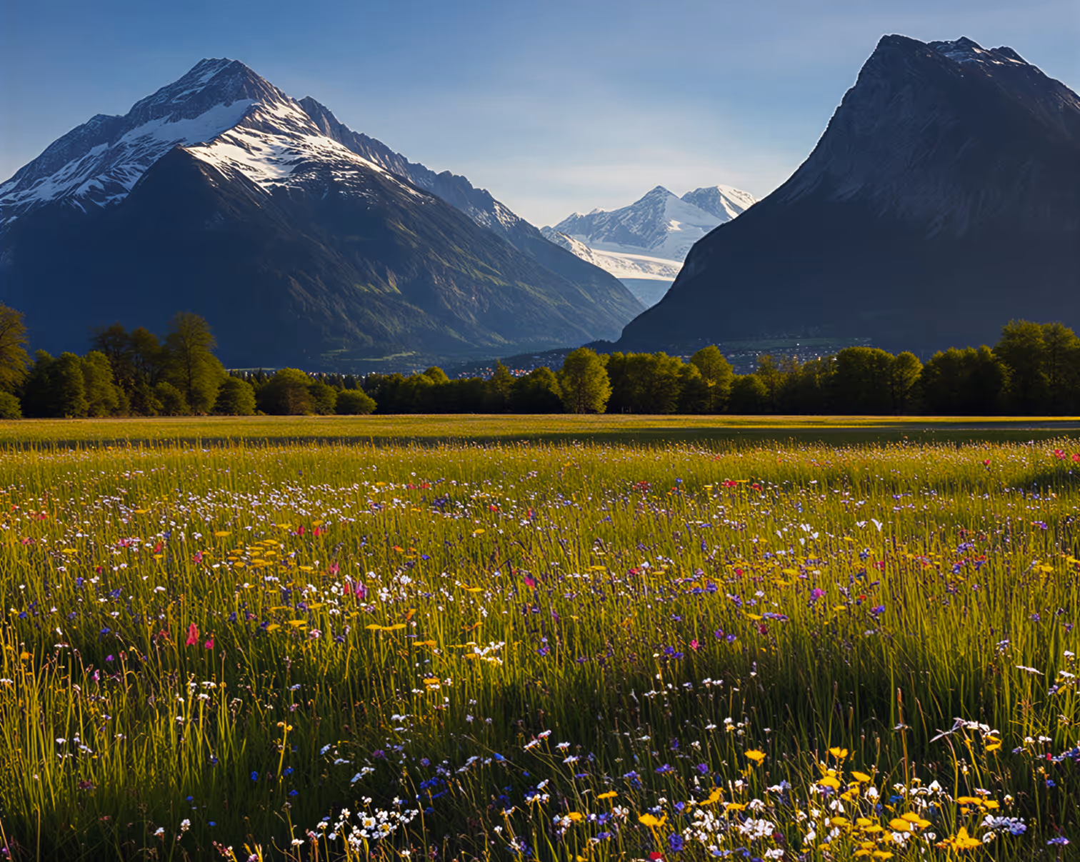 Field of wildflowers with green grass in front of tree line and snow-capped mountains under a clear sky.